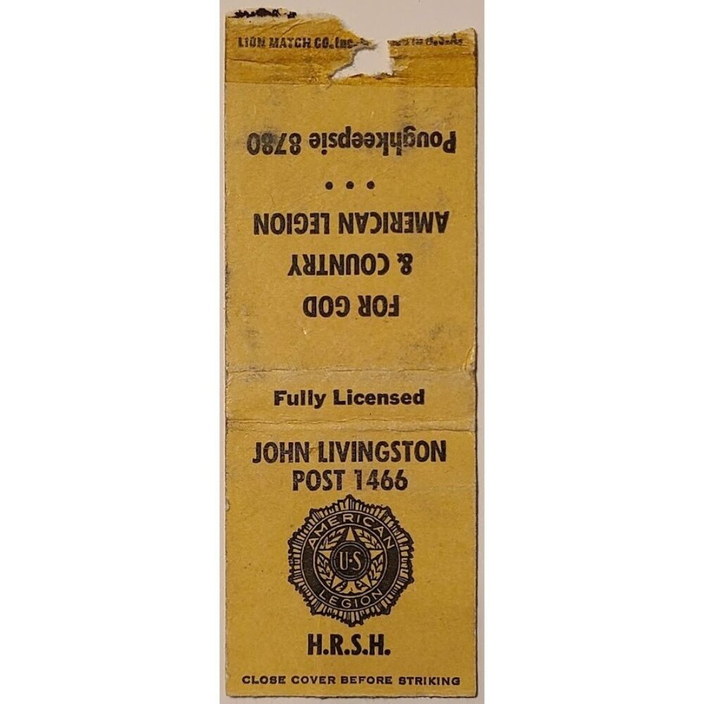 Matchbook Cover American Legion John Livingston Post 1466 Poughkeepsie NY Yellow